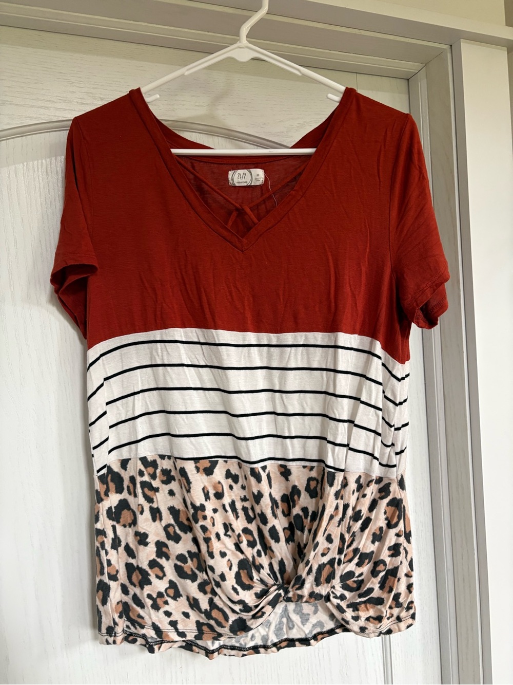 Maurices Rust V-Neck Colorblock Top with Stripes & Leopard Knot